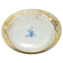 Helena Wolfsohn Dresden porcelain quatrefoil teacup and saucer, decorated with panels of figures and floral sprays on a black ground, marked to base, together with a flask with painted scene of travellers in a port, indistinct continental mark to base, flask H12cm