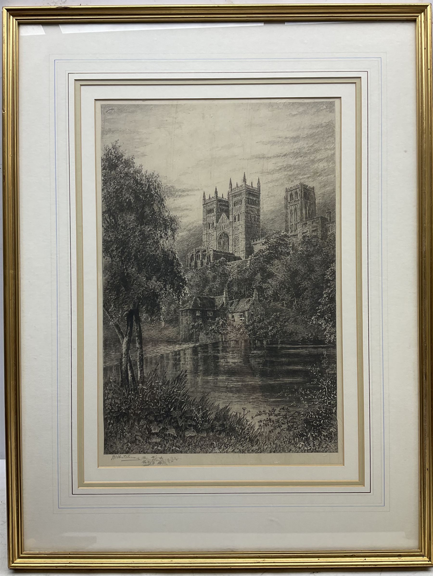 J R Hutchinson (Early 20th century): Durham Cathederal from the Weir, etching signed in pencil 48cm x 34cm