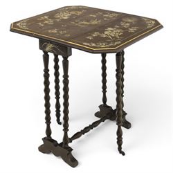 Chinoiserie style gate leg table, with gilt painted floral design, raised on bobbing supports, on sled feet