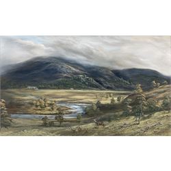 Willie Forbes (Scottish Contemporary): Stag and Deer in the Highlands, oil on canvas signed and dated '99, 34cm x 57cm 