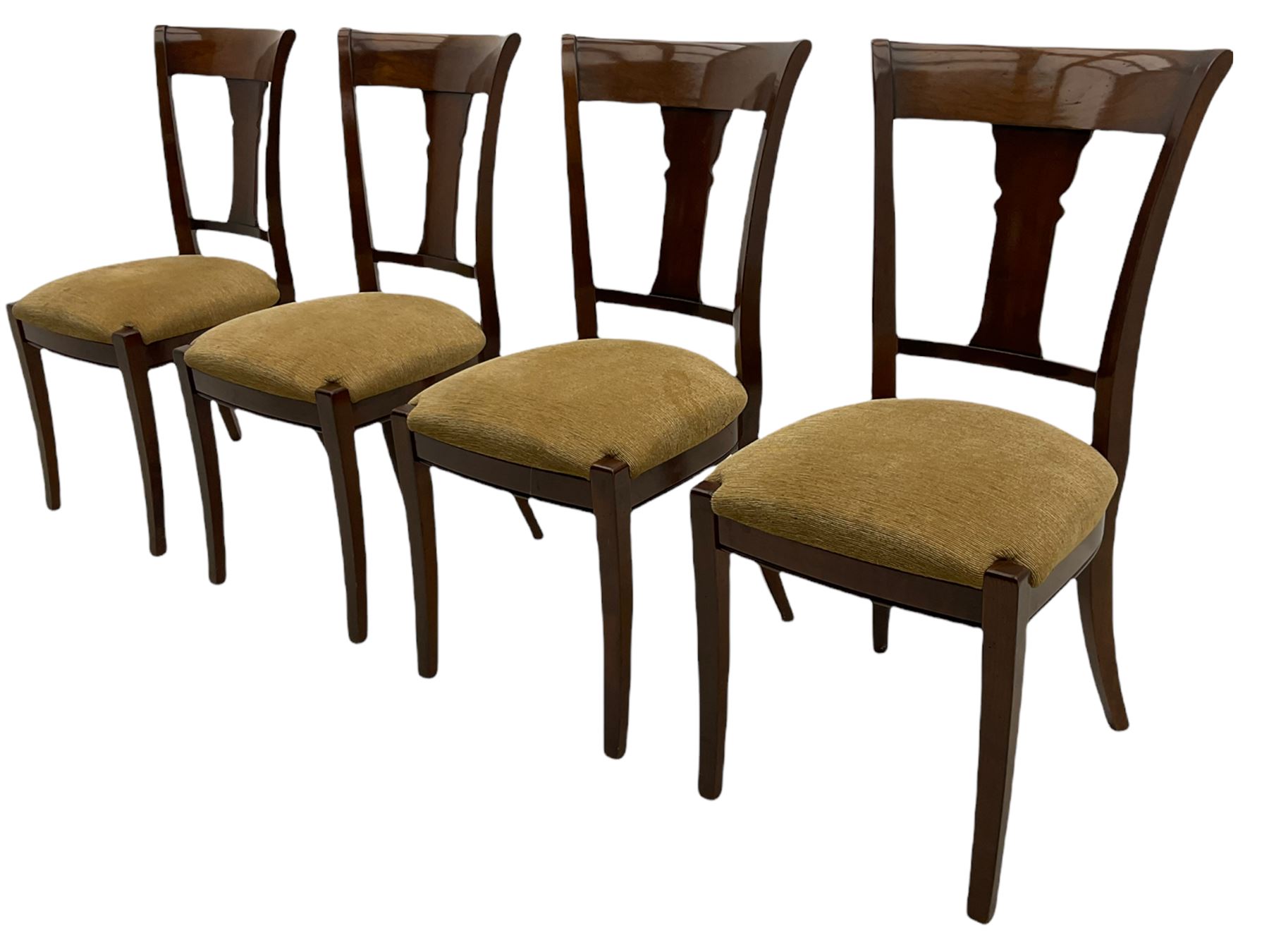 Grange Furniture - cherry wood finish oval extending dining table on square tapering supports, and a set of eight dining chairs with curved backs and upholstered seats 