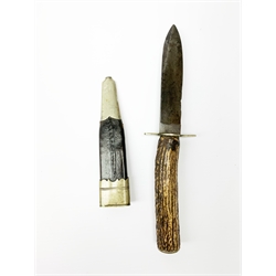 Late 19th century hunting knife by Davie11cm spear point blade, antler grip and leather sheath with nickel mounts overall 23.5cm