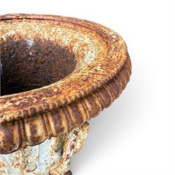 Andrew Handyside - pair of 19th century best quality cast iron garden urns, individually detailed in relief Allegorical Figures and Helaldic Swans, campagna form with twin handles, detail under rim, raised on circular fluted base