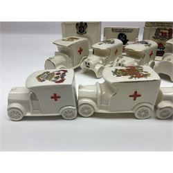 Ten WW1 crested china military models comprising seven field ambulances and three 'Home Fires Burning' fire-surrounds/range; various makers including Willow Art, Arcadian China, Grafton China, Savoy China, Carlton China etc; various crests including Devon, Aldershot, Portsmouth, West Ham, Coventry, Oxford, Hastings, Brighton etc (10)