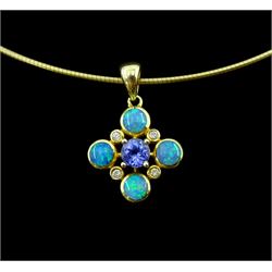  14ct gold opal, tanzanite and diamond pendant, stamped 585, on 9ct gold Omega link chain necklace, hallmarked