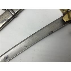 19th century Russian Imperial Navy sword, with 77.5cm curving fullered blade, brass three-bar hilt with lozenge shaped langets and wire-bound leather grip; in polished steel scabbard with one suspension ring L97cm overall