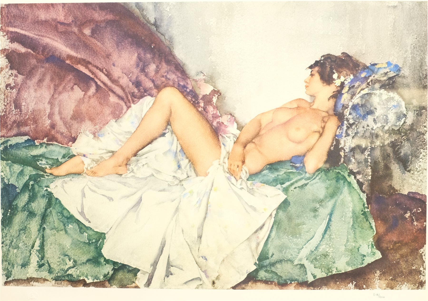 After Sir William Russell Flint (Scottish 1880-1969): Reclining Nude III, limited edition coloured lithograph with blind stamp numbered in pencil 318/850, 42cm x 59cm 