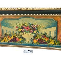 Spanish style wood and composite wall mirror, flower head pediment over plain mirror plate, foliate moulded frame