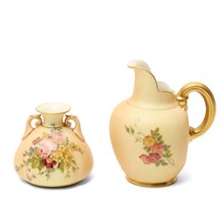 Early 20th century Royal Worcester blush ivory items including jug painted with floral sprays and with gilt handle H14cm, pot pourri with pierced cover, small two handled vase H8cm and two lidded pots (5)