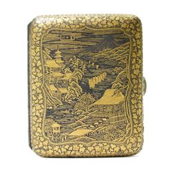 Japanese Meiji Damascene cigarette case, the exterior decorated with a landscape scene of ...