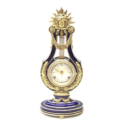  V&A Marie-Antoinette sun king gilt metal mounted porcelain mantle clock, with jeweled bezel and white Roman dial, half hour  movement striking on a bell, H39cm   