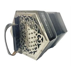 Hohner International Anglo Concertina D40/80/6LT, of hexagonal form with forty-one buttons on pierced foliate metal ends and seven-fold bellows W19.5cm