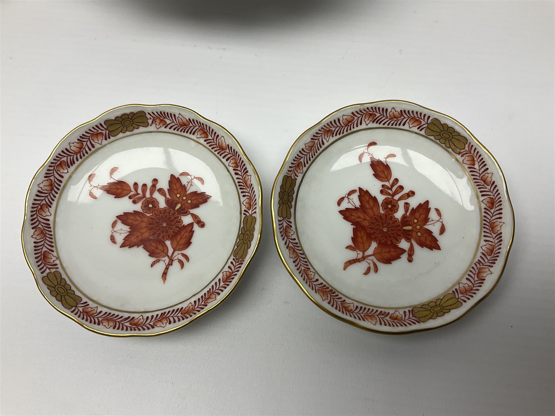 Herend Chinese Bouquet Rose pattern tea service comprising teapot, coffee pot, open sucrier, six cups and saucers, six tea plates, cream jug and stand, milk jug, two teabag holders, preserve pot, two leaf shaped dishes, four egg cups, salt & pepper pots, pair side plates and another plate