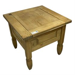 Nest of two pine occasional tables (66cm x 42cm, H54cm); pine square occasional table (59cm x 59cm, H54cm)