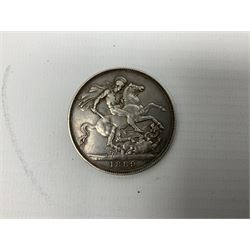 Queen Victoria 1889 crown coin, two Queen Elizabeth II five pound coins, pre-decimal coinage etc