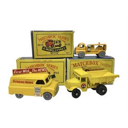 Lesney - three die-cast Matchbox series models comprising no.6 Quarry Truck in yellow, Moko Lesney no.28 Bedford S Compressor Truck in yellow, and no.42 Bedford CA Evening News Truck no.42; in original boxes (3) 