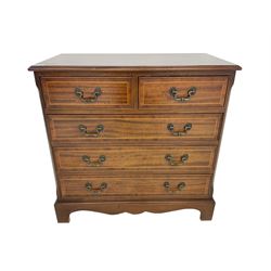 Georgian design mahogany chest, rectangular cross-banded top with satinwood stringing, fitted with two short and thee long cock-beaded drawers, on bracket feet