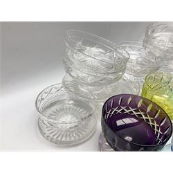 Collection of glass sundae/dessert dishes to include coloured bowl examples with banded cut decoration, all with star cut bases (18)