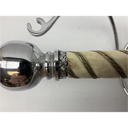 Replica knight's longsword, the 91.5cm double-edged steel blade with basket hilt and wire-bound bone grip with spherical pommel, in leather scabbard L112cm overall