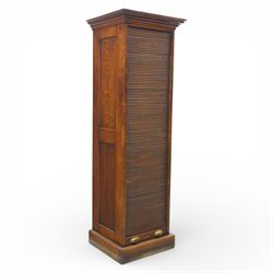 Edwardian oak pedestal office cabinet, moulded rectangular top over tambour shutter enclos...
