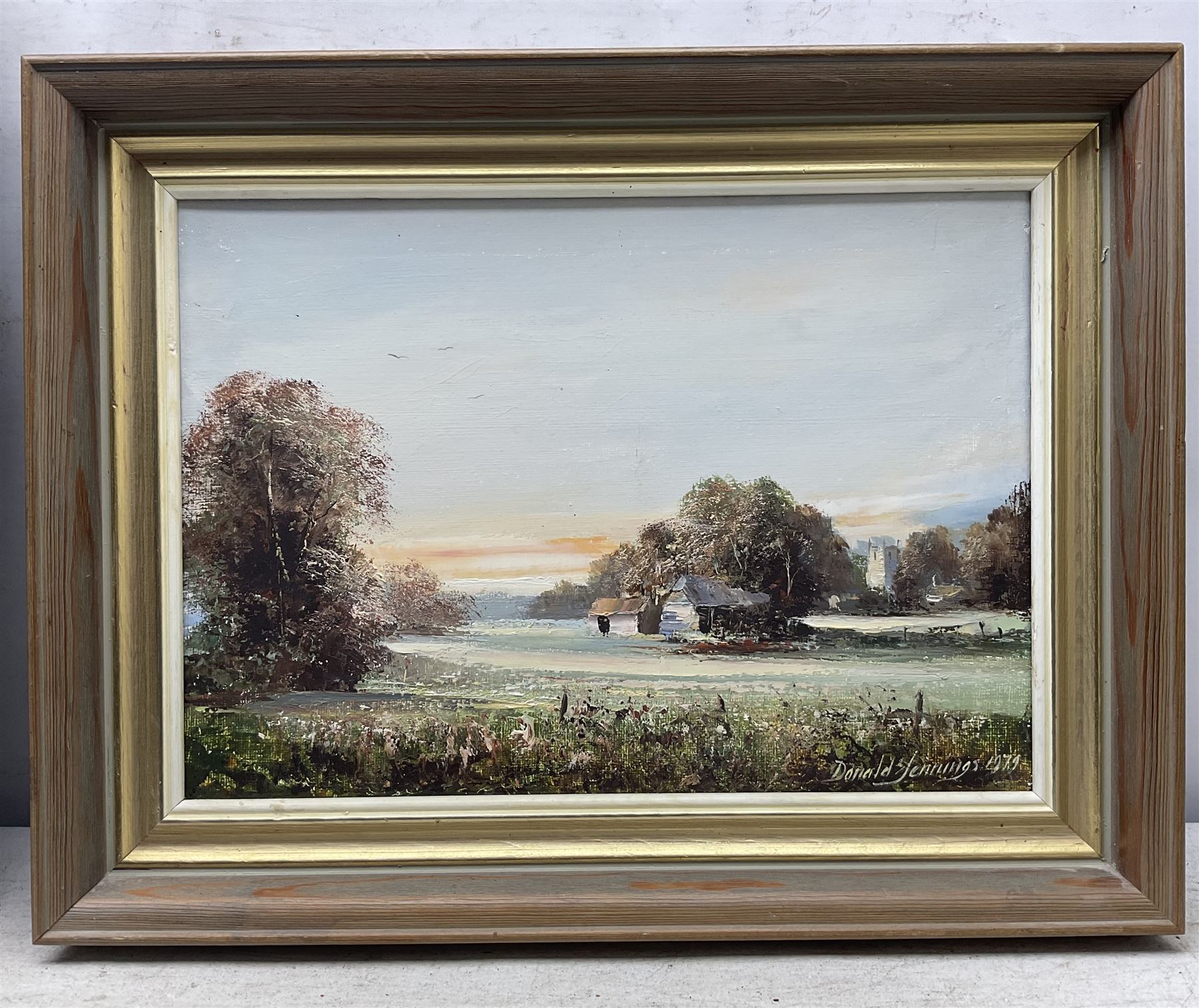 Donald Jennings (British 20th Century): 'Sunset' 'Winter' and 'The Cafe', set of three oils on canvas signed and dated '79-'80, titled verso 29cm x 24cm (3)