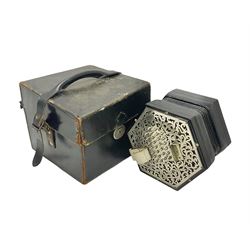 Lachenal & Co English 56 button concertina of hexagonal form, with pierced and fretted chrome metal ends, 6 fold bellows and leather finger straps, serial No 58181
With original velvet lined and fitted box with the company trade mark plaque to the inner lid