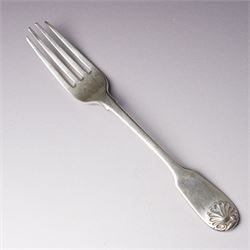 Four Victorian silver dessert spoons engraved with initials Exeter 1877 Maker Josiah Williams & Co and four George IV silver fiddle and shell pattern dessert forks London 1828 Maker William Chawner 