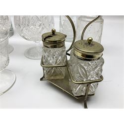 Pair of Stuart brandy glasses, H13cm, two 19th century glass cocktail stirrers of twisted form, decanters, Edwardian glass, silver plated cruet stands and shakers etc