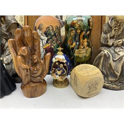 Franklin Mint House of Faberge 'The Nativity' ceramic egg, together with a Russian doll decorated with nativity scenes, Cinque Ports Pottery monk salt and pepper shaker and other monk figures, etc