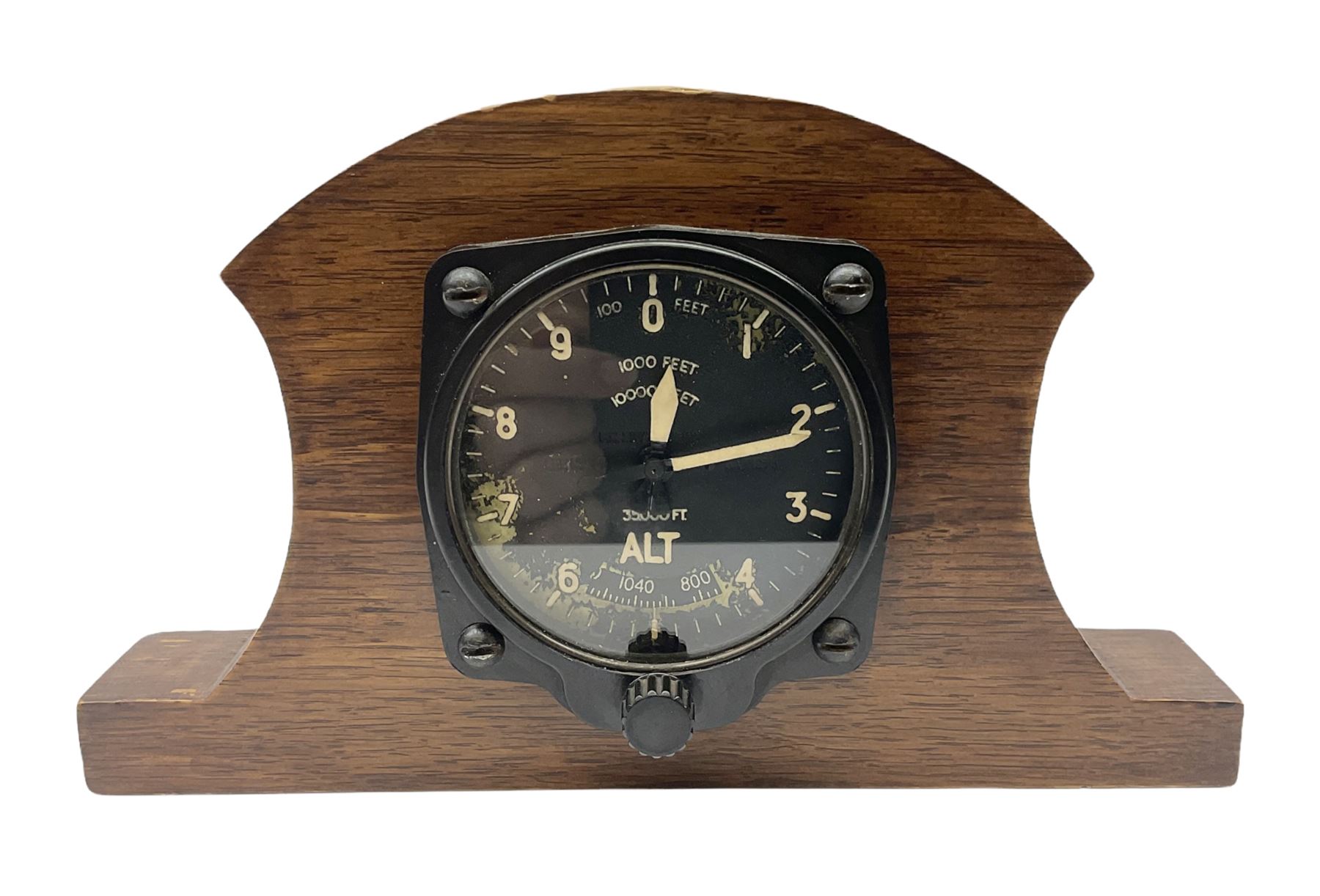 WW2 Spitfire or Lancaster cockpit altimeter Mk.XIVA, stamped 175/41 GA/1273; mounted in oak mantel clock type case L22cm