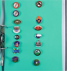 Amateur rugby league enamel badge collection, teams including Birmingham Bulldogs, Bridlington, Dudley Hill, Duke of York, Edinburgh Eagles, Guiseley, Rangers, Huntingdon, Keighley Town, Leigh Miners, Pilkington Recs, St Josephs, Thornhill Trojans, West London Sharks etc, all displayed in three folders and six amateur league badges from Leeds & District, Hull & District, York & District, Warrington, Lancashire County and Yorks County in box display, (approximately 270)