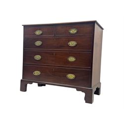 George III mahogany chest, rectangular top with moulded edge over two short and three long graduated cockbeaded drawers, each fitted with brass oval handles, on bracket feet