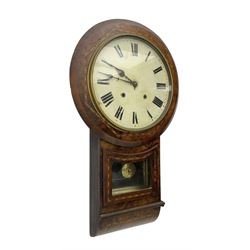 American-19th century 8-day Tunbridgeware ware clock, twin train movement striking the hours on a bell, 12” painted dial with Roman numerals and steel spade hands. With pendulum.