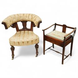 Victorian mid 19th century mahogany Library Chair button upholstered gold damask style fab...