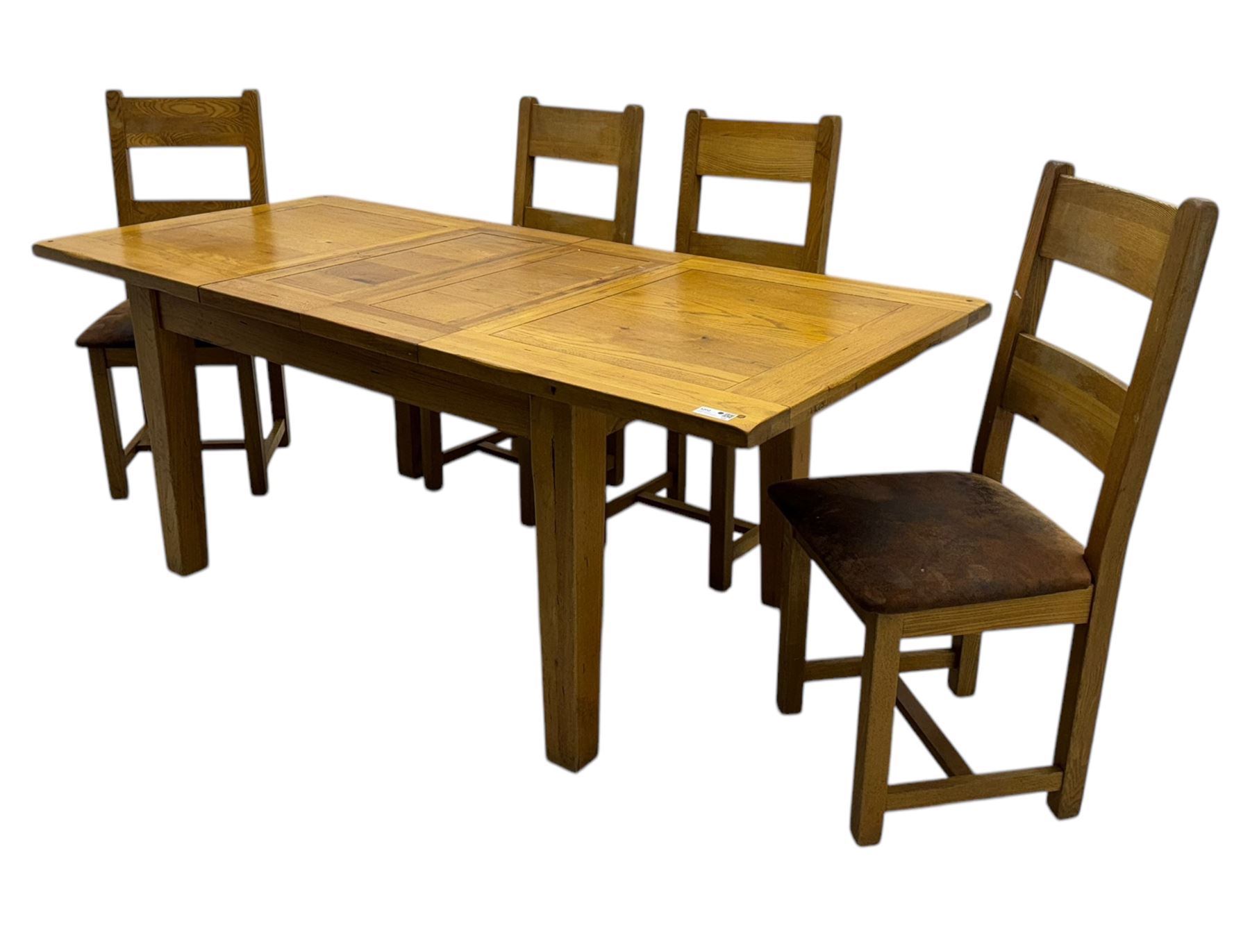 Solid oak extendable dining table and set of four matching chairs, two leaf inserts, with breadboard ends on tapered square supports (Extended length 205cm)