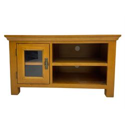 Light oak two drawer console table, television stand, nest of tables, small table and a three drawer chest