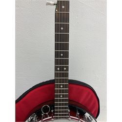 Rally five-string banjo with mahogany solid back L101cm in soft carrying case; and Brunswick Model BF200 acoustic guitar L103cm; with small quantity of instructional DVDs and booklets