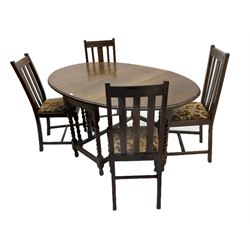 Early 20th century oak barley twist drop leaf dining table (105cm x 154cm, H74cm), and four chairs 