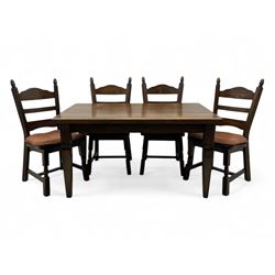Mid-20th century Dutch oak dining table, rectangular top raised on square supports with tapered sections; four ladderback dining chairs, on turned supports with H-stretchers