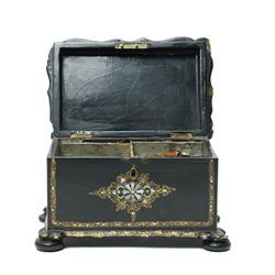 Victorian papier mache tea caddy inlaid with mother of pearl and gilt on compressed bun feet W20cm