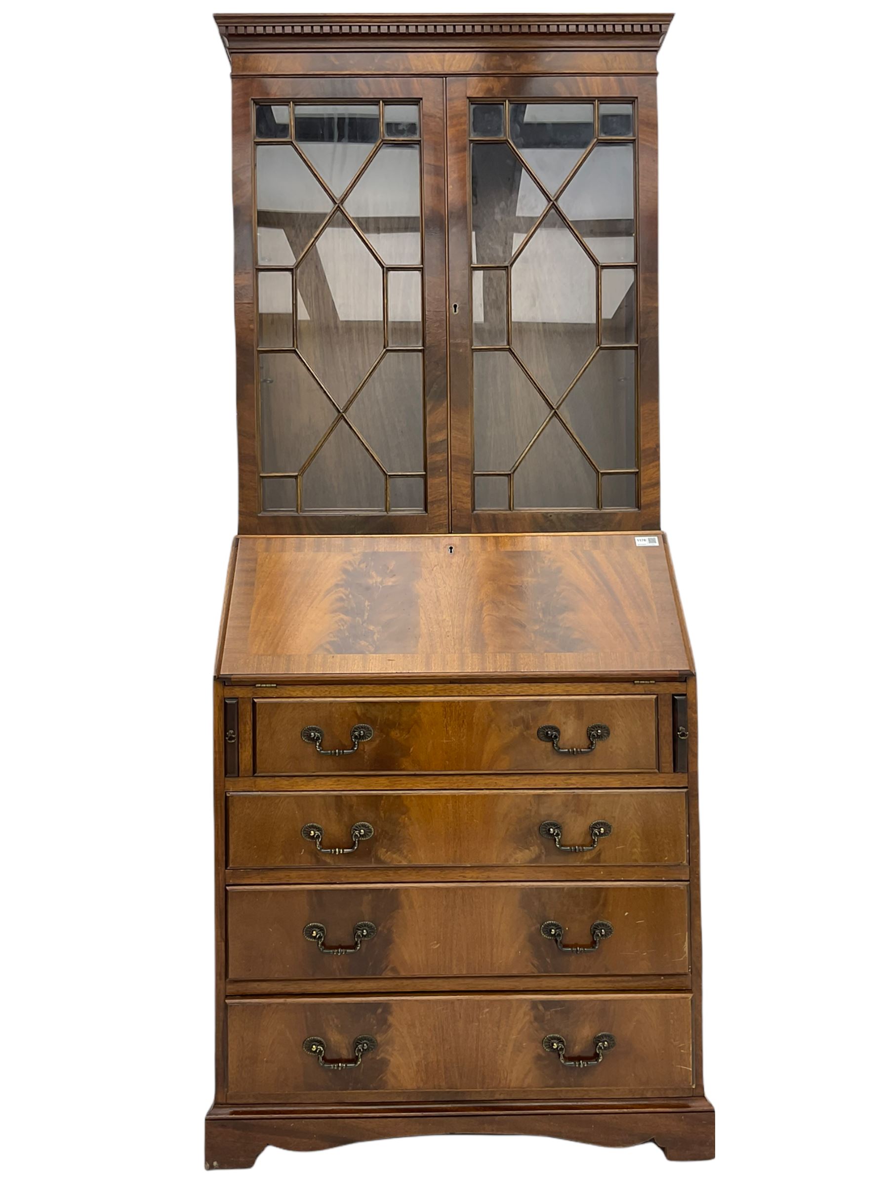 Reproduction mahogany bureau bookcase, the glazed bookcase over fall front bureau fitted with four drawers, on bracket feet
