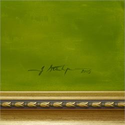 Jacqueline Stanhope (Scottish 1963-): 'La Cucaracha' a Bay Racehorse with Copgrove Hall Beyond, oil on canvas signed and dated 2005, 100cm x 136cm
Notes: La Cucaracha was owned by Guy Reed and bred at Copgrove Hall, she was a specialist sprinter trained at Lambourn by Barry Hills. La Cucaracha secured a Group One success in 2005 in the Nunthorpe Stakes at York.