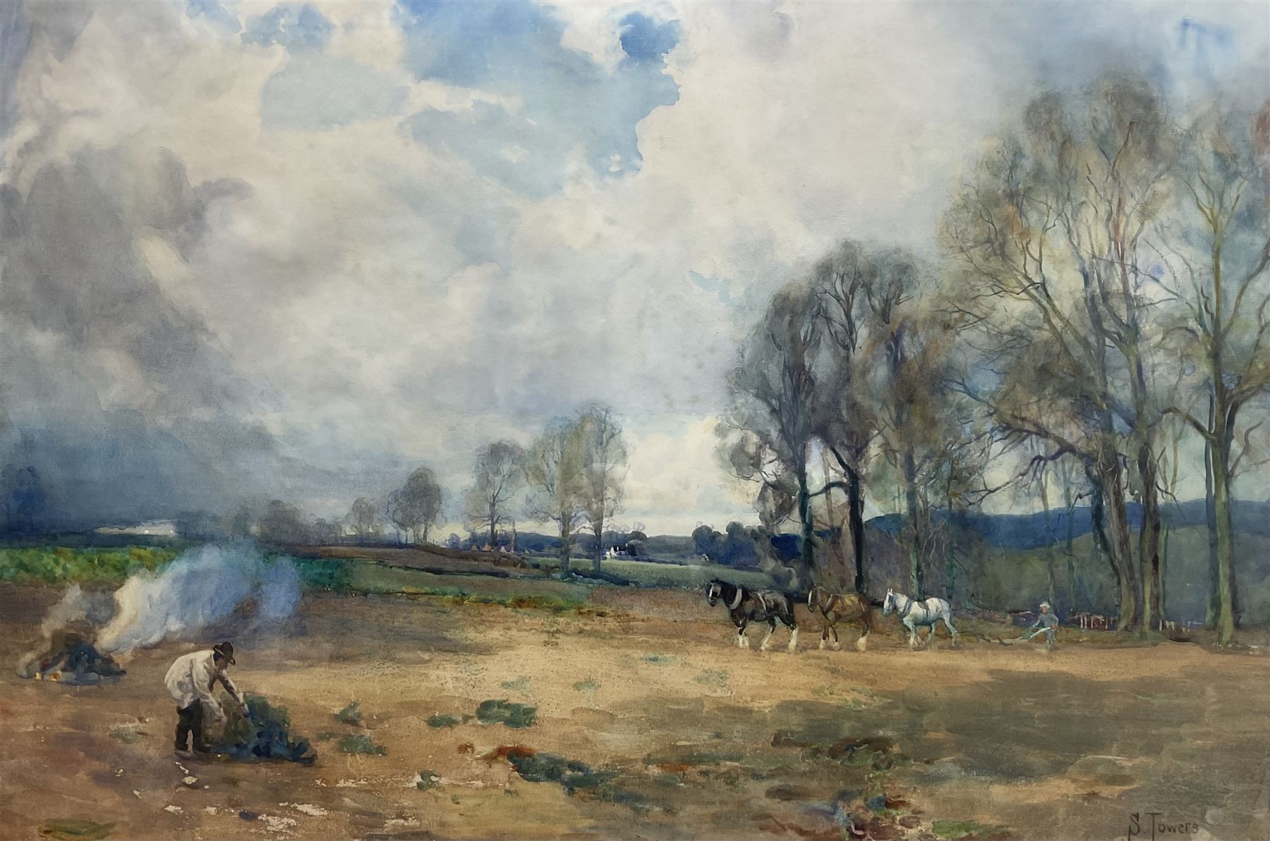 Samuel Towers (British 1862-1943): Horses Working the Field, watercolour signed 48cm x 72cm 