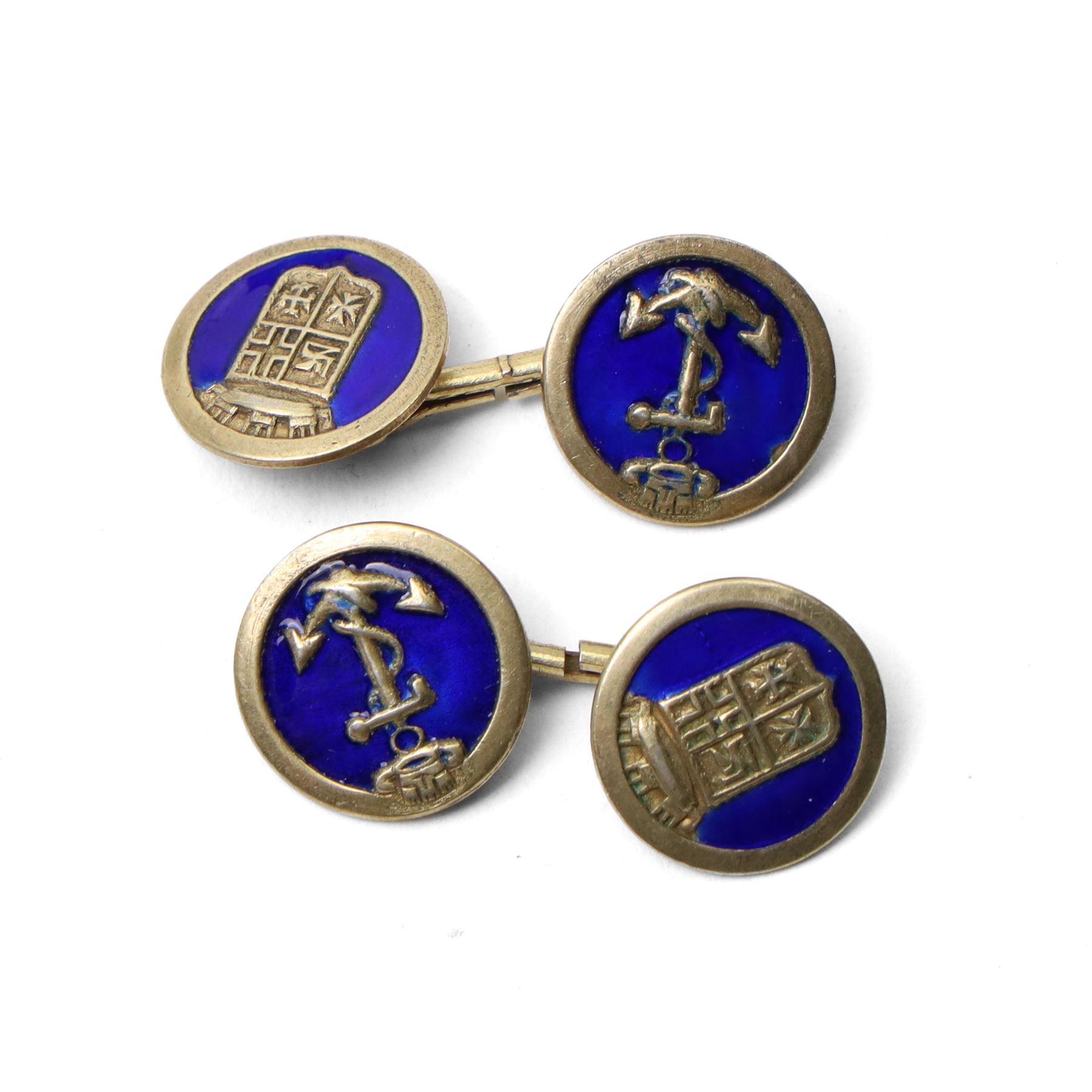 Pair of Swedish silver pepperettes with loop handles, small Middle Eastern silver octagonal salt, unmarked but tests 94 standard, pair of silver gilt and enamel cufflinks and a plated ashtray with golfing motifs