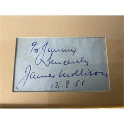 James Mollison (1905-1959) Scottish Pioneer Aviator and husband of Amy Johnson (1903-1941) - ink signature on clipped album page 'To Jimmy Sincerely James Mollison', mounted and framed with postcard size photograph of Amy by Vaughan & Freeman which appears to be signed 'Johnson' and dated '5/5/30', contemporary newspaper cutting about James and 'silver' badge of the bi-plane 'Jason' dated 1930 27 x 35cm