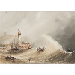 Henry Barlow Carter (British 1804-1868): Scarborough Lighthouse in Stormy Seas, watercolou...