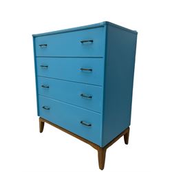 Lebus Link - mid-20th century blue finish teak chest, fitted with four graduating drawers