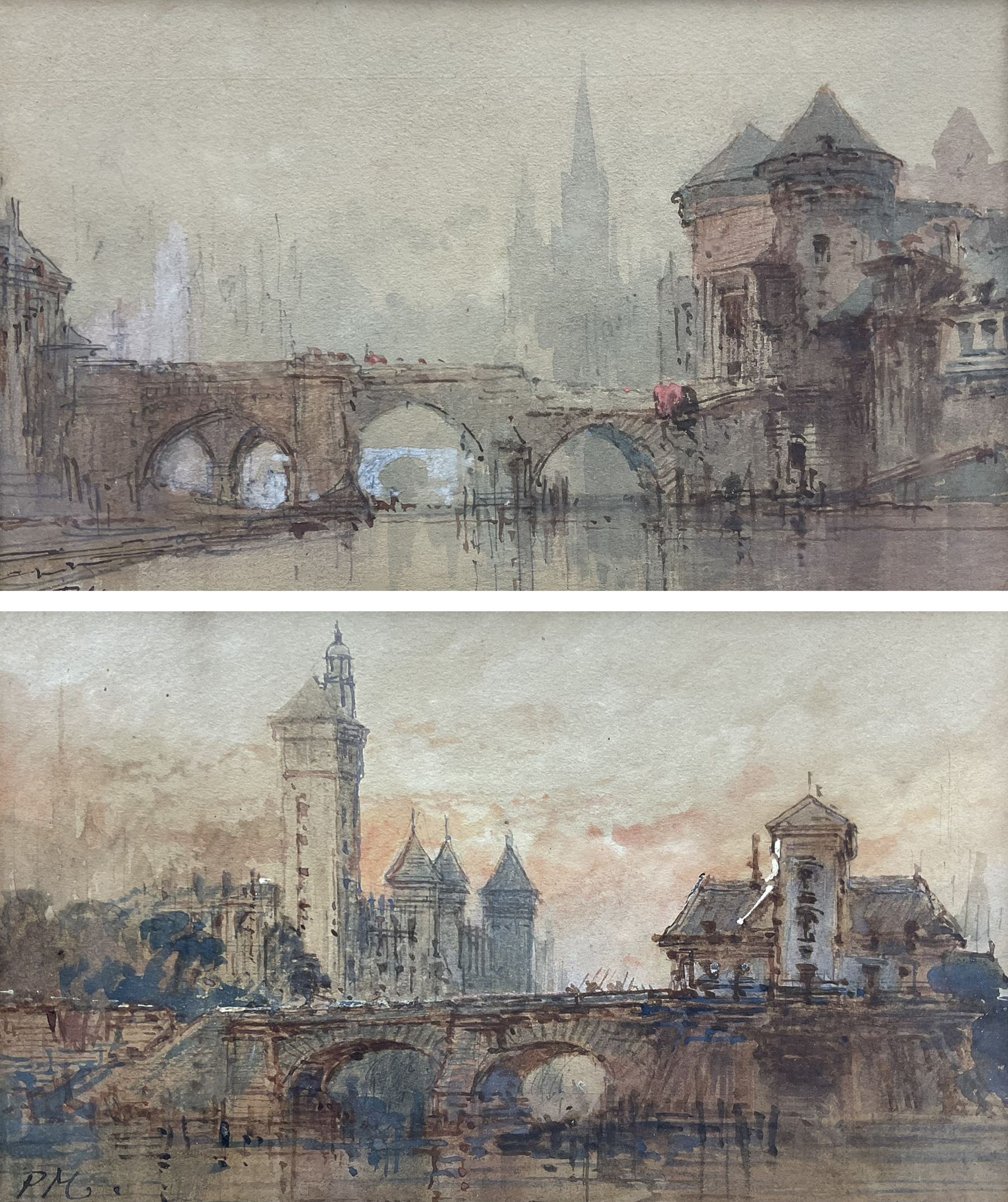 Paul Marny (French/British 1829-1914): 'Chatèlet Gaie and Pump St Michel - Old Paris', pair watercolours signed with initials, titled on the mounts 11.5cm x 19cm (2) 
Provenance: with Richard Hagen, Broadway, Worcestershire, label verso