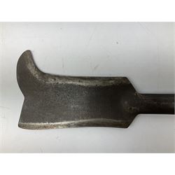 Estwing Black Eagle style double bit throwing axe with leather grip, virtually mint with labels present, plastic blade protectors and nylon sheath L43cm; another smaller Estwing axe stamped 24A to the pommel, with leather grip and sheath; and a vintage short handled hedge knife, the blade stamped IH (?) No.2 (3)