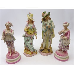  Pair early 20th century French bisque figures depicting a courting couple decorated in pastel tones, H35cm and a similar pair German figures (4)  